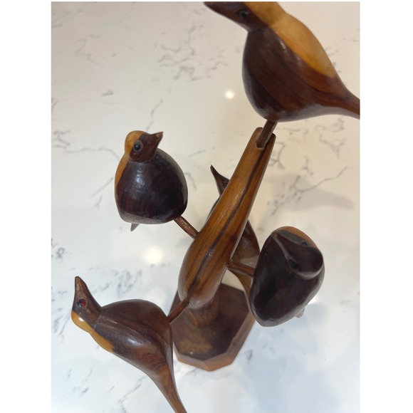Other - Vintage Hand Carved Wood Bird Tree Sculpture 5 Birds on Branch Folk Art MCM